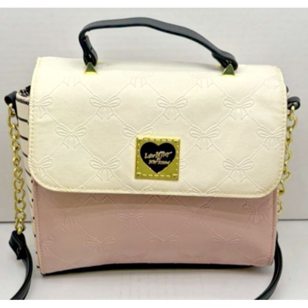 Luv Betsey  Betsey Johnson Pink & White Embossed Bow Crossbody Flap Bag